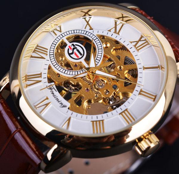 [Men] Forsining 3d Logo Design Hollow Engraving Black Gold Men Watch