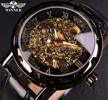 Load image into Gallery viewer, [Men] Winner Black Gold Clock Relogios Skeleton Watch

